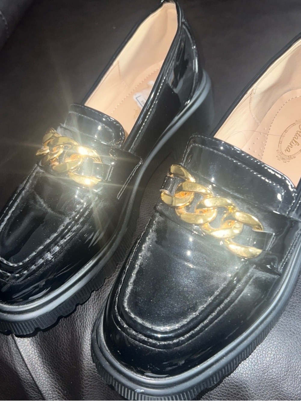 Black Patent Loafers with Gold Chain Accent - Picture 3 of 3